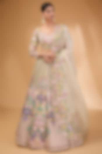 Ivory Organza Sequins Hand & Machine Embroidered Bridal Lehenga Set by Anushree Reddy at Pernia's Pop Up Shop