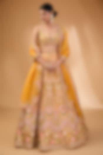 Sunset Yellow Organza Floral Hand & Machine Embroidered Bridal Lehenga Set by Anushree Reddy at Pernia's Pop Up Shop