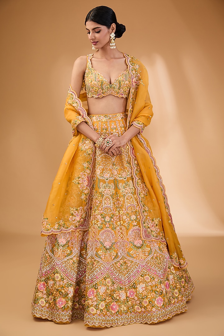 Sunset Yellow Organza Floral Hand & Machine Embroidered Bridal Lehenga Set by Anushree Reddy at Pernia's Pop Up Shop