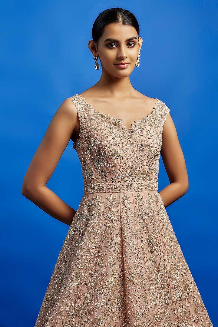 Peach Organza Cutdana Hand Embroidered Bridal Gown by Anushree Reddy at Pernia's Pop Up Shop