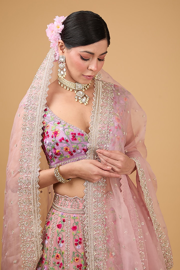 Pink Organza Thread & Zardosi Embroidered Bridal Lehenga Set by Anushree Reddy at Pernia's Pop Up Shop