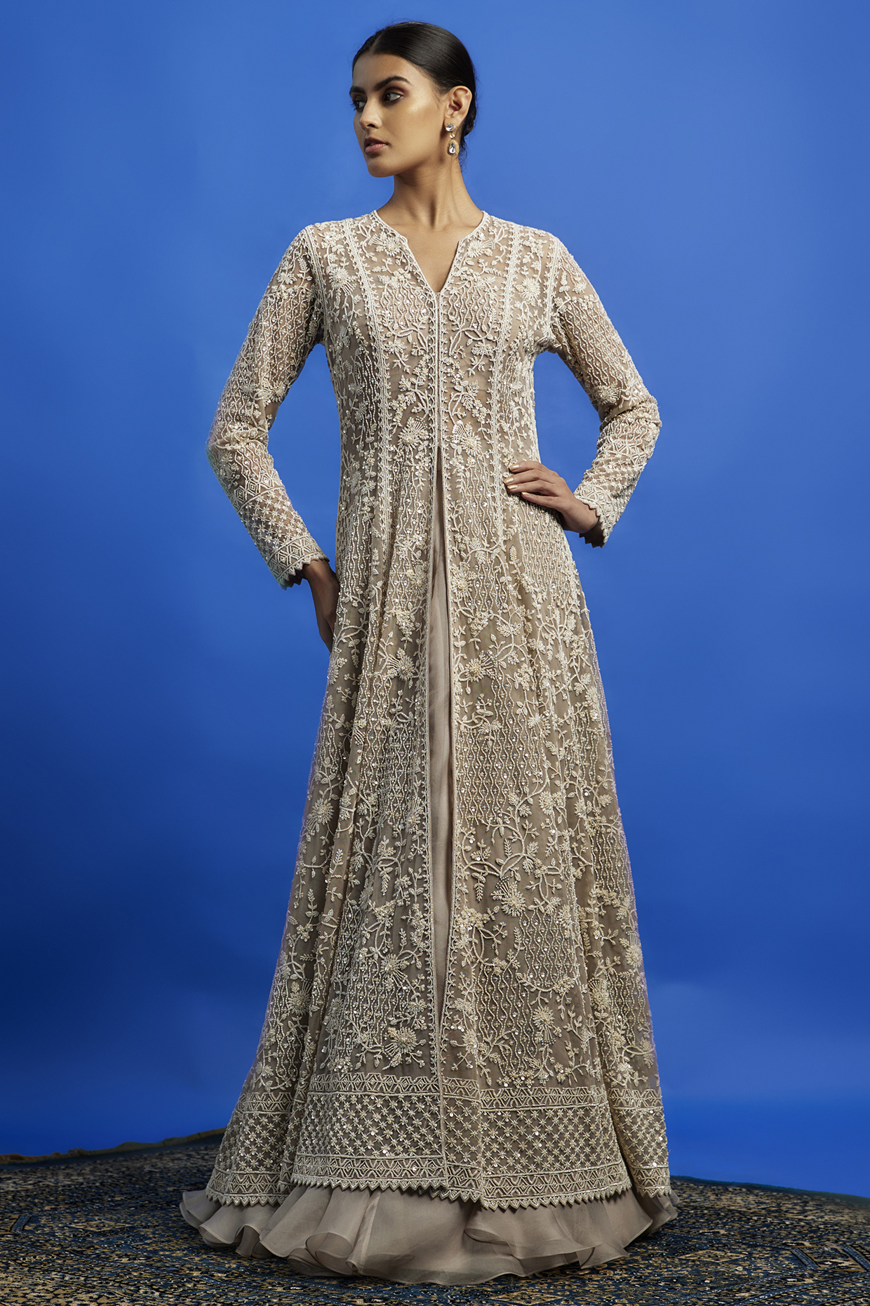 Grey Net Pearl Hand Embroidered Jacket Set by Anushree Reddy at Pernia's Pop Up Shop