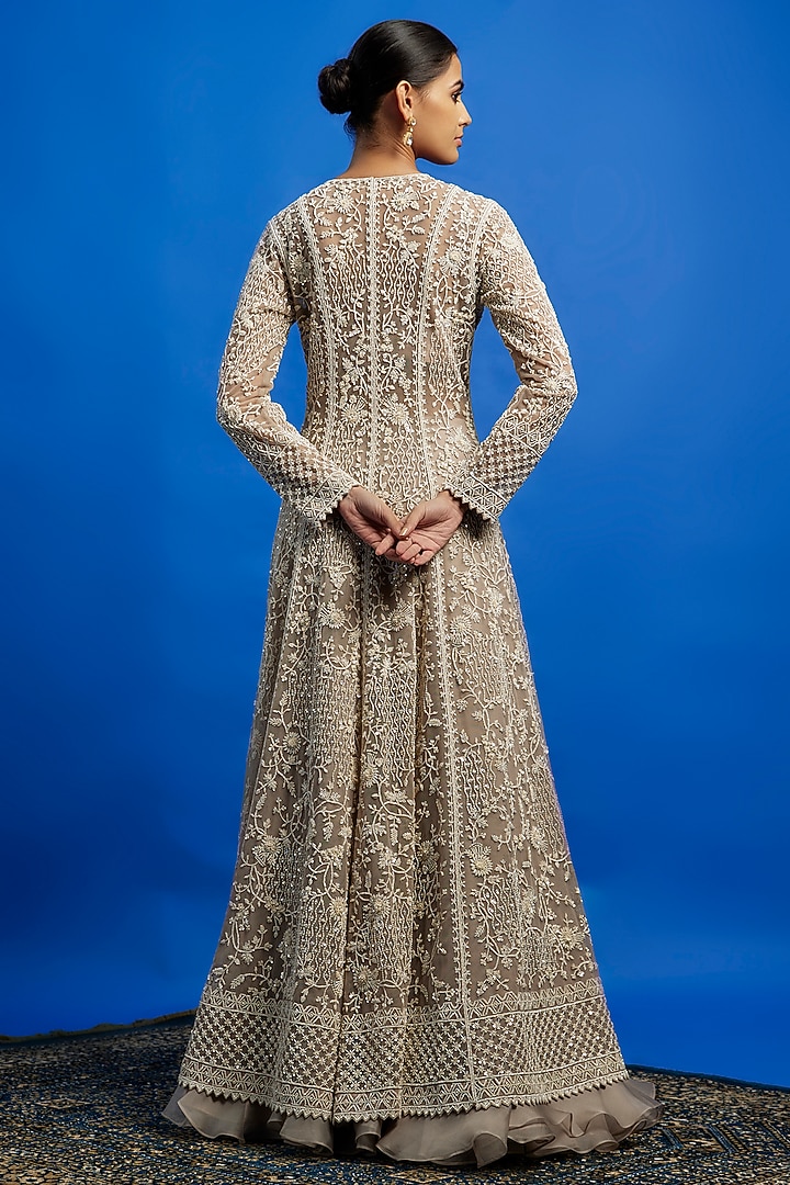 Grey Net Pearl Hand Embroidered Jacket Set by Anushree Reddy at Pernia's Pop Up Shop