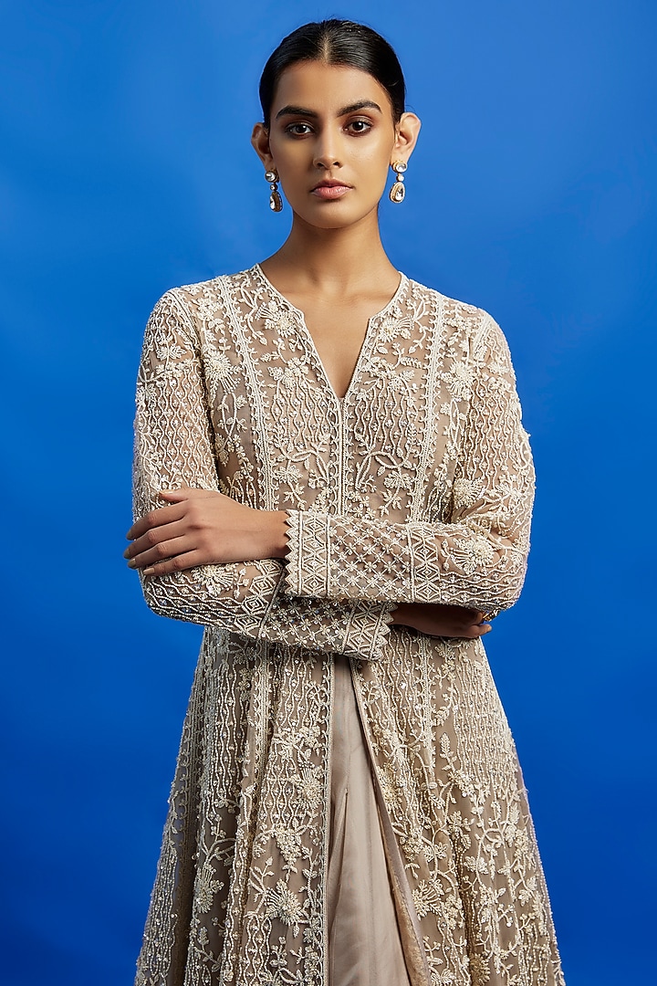 Grey Net Pearl Hand Embroidered Jacket Set by Anushree Reddy at Pernia's Pop Up Shop