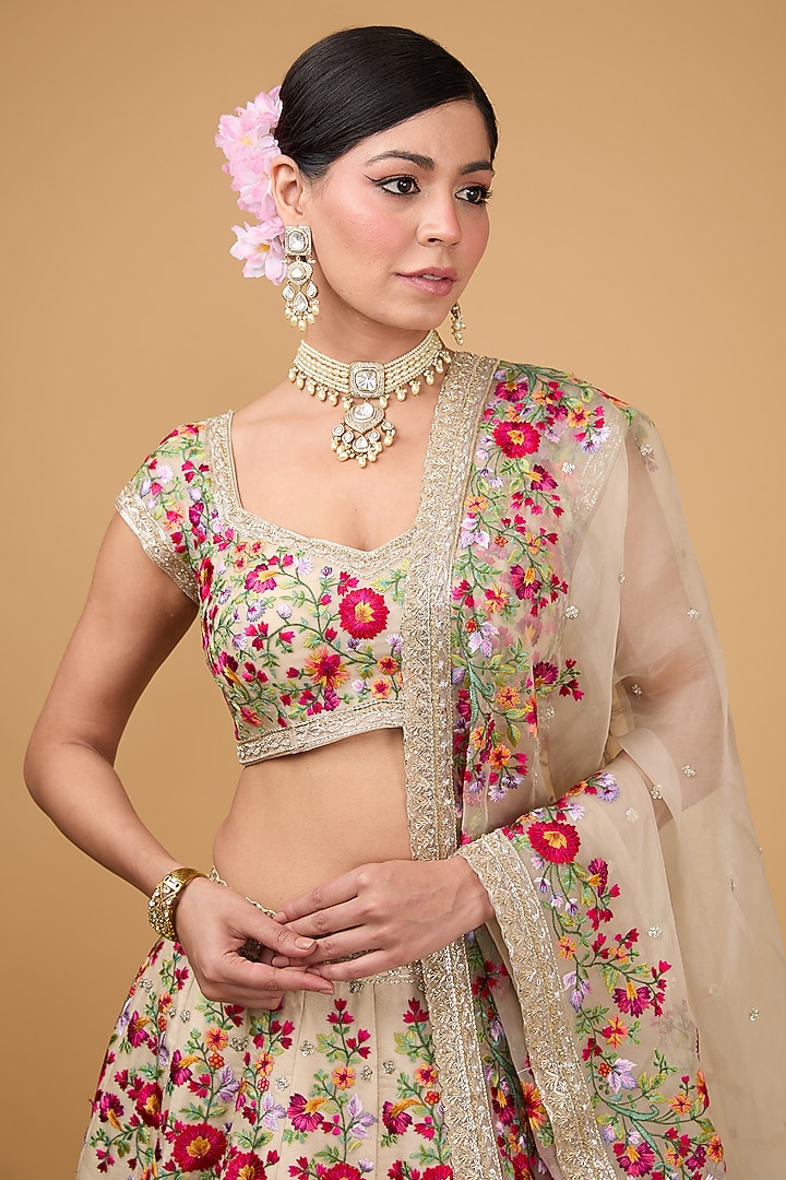 Ivory Organza Thread & Zardosi Embroidered Bridal Lehenga Set by Anushree Reddy at Pernia's Pop Up Shop