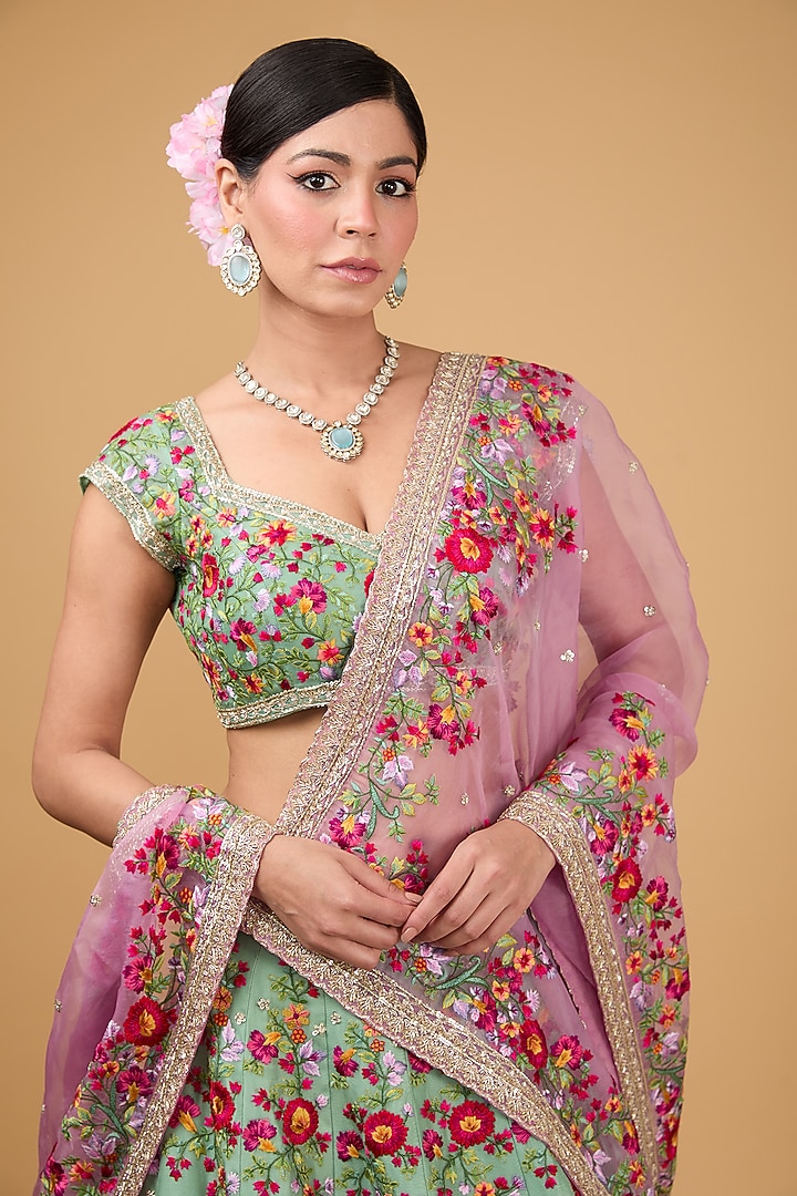 Sea Green Organza Thread & Zardosi Embroidered Bridal Lehenga Set by Anushree Reddy at Pernia's Pop Up Shop