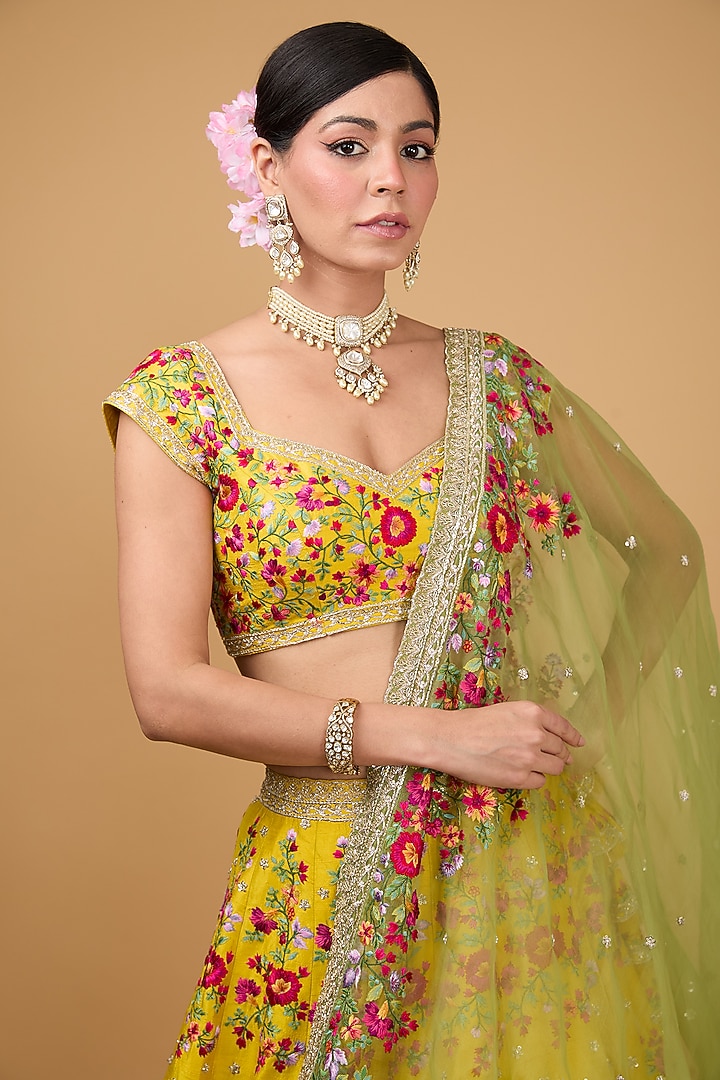 Yellow Raw Silk Thread & Zardosi Embroidered Bridal Lehenga Set by Anushree Reddy at Pernia's Pop Up Shop