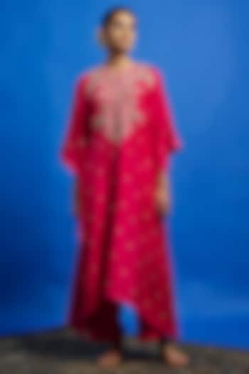 Cherry Red Dupion Silk Zardosi Hand Embroidered Kaftan Set by Anushree Reddy at Pernia's Pop Up Shop