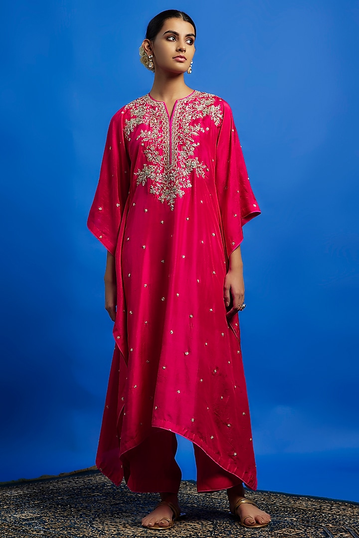 Cherry Red Dupion Silk Zardosi Hand Embroidered Kaftan Set by Anushree Reddy at Pernia's Pop Up Shop
