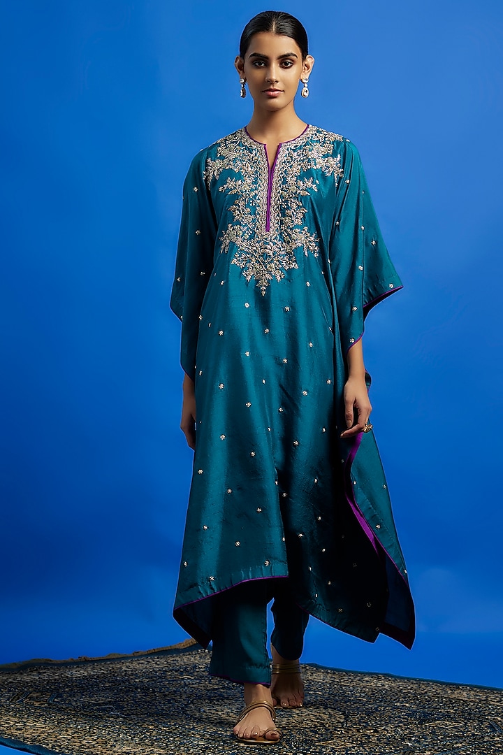 Rama Green Dupion Silk Zardosi Hand Embroidered Kaftan Set by Anushree Reddy at Pernia's Pop Up Shop