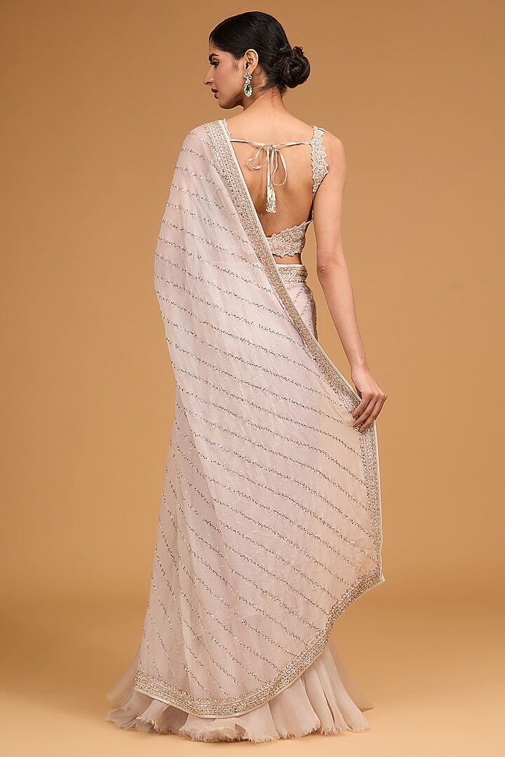 Ivory Chiffon Sequins Embroidered Ruffled Reception Saree Set by Anushree Reddy at Pernia's Pop Up Shop