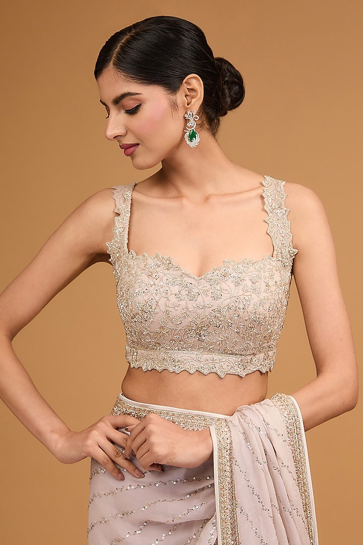 Ivory Chiffon Sequins Embroidered Ruffled Reception Saree Set by Anushree Reddy at Pernia's Pop Up Shop