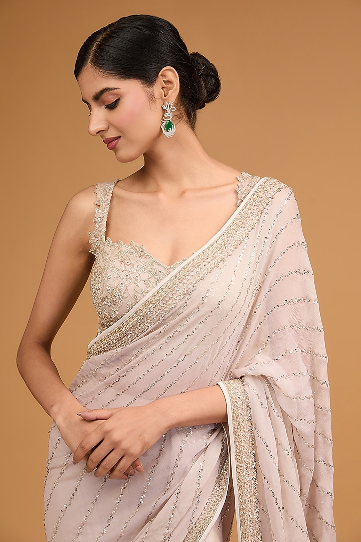 Ivory Chiffon Sequins Embroidered Ruffled Reception Saree Set by Anushree Reddy at Pernia's Pop Up Shop