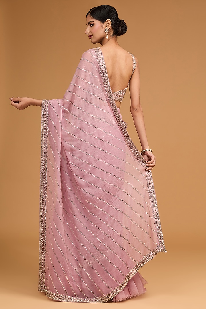 Pink Chiffon Sequins Embroidered Ruffled Reception Saree Set by Anushree Reddy at Pernia's Pop Up Shop