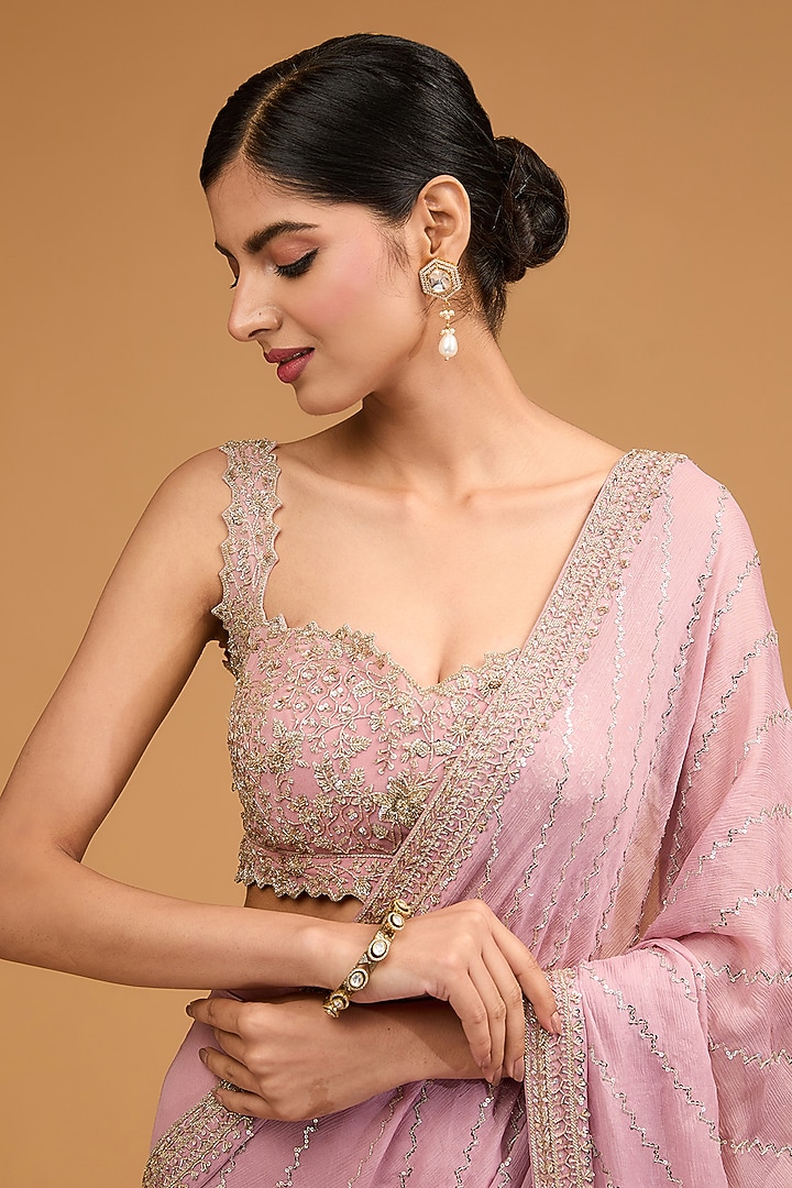 Pink Chiffon Sequins Embroidered Ruffled Reception Saree Set by Anushree Reddy at Pernia's Pop Up Shop