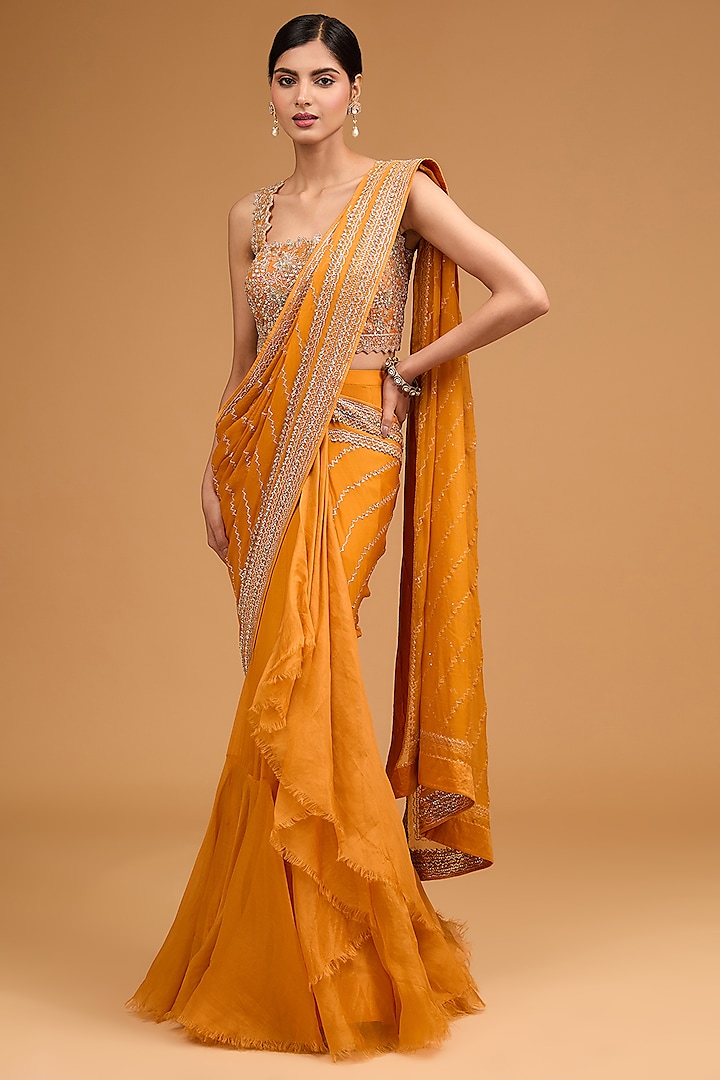 Orange Chiffon Sequins Embroidered Ruffled Saree Set by Anushree Reddy