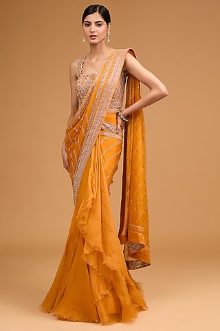Orange Chiffon Sequins Embroidered Ruffled Saree Set by Anushree Reddy