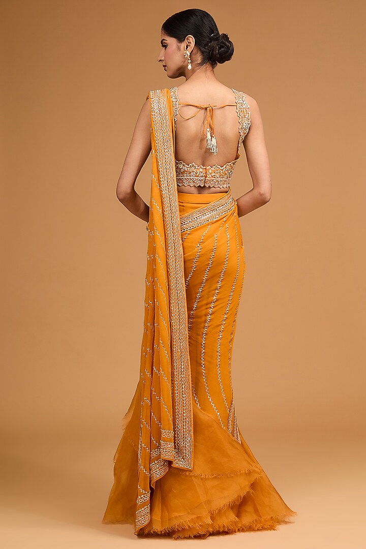 Orange Chiffon Sequins Embroidered Ruffled Reception Saree Set by Anushree Reddy at Pernia's Pop Up Shop