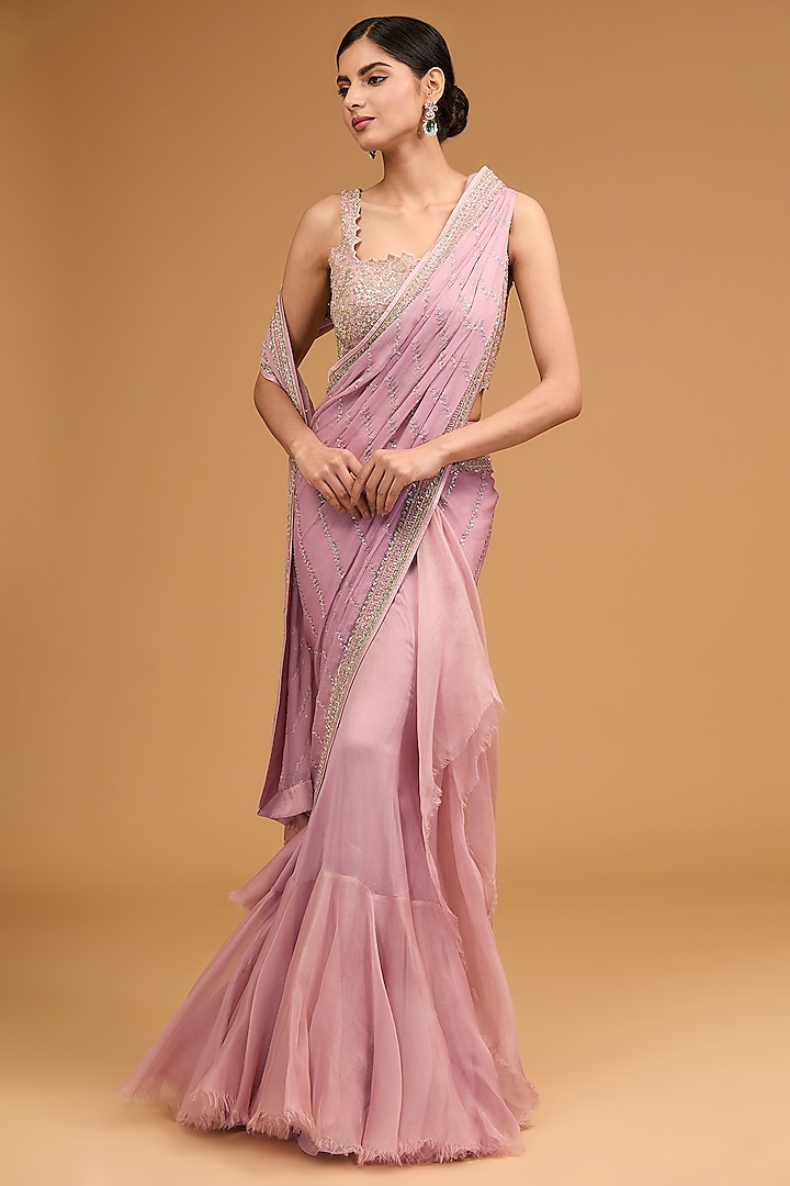 Onion Pink Chiffon Sequins Embroidered Ruffled Reception Saree Set by Anushree Reddy at Pernia's Pop Up Shop