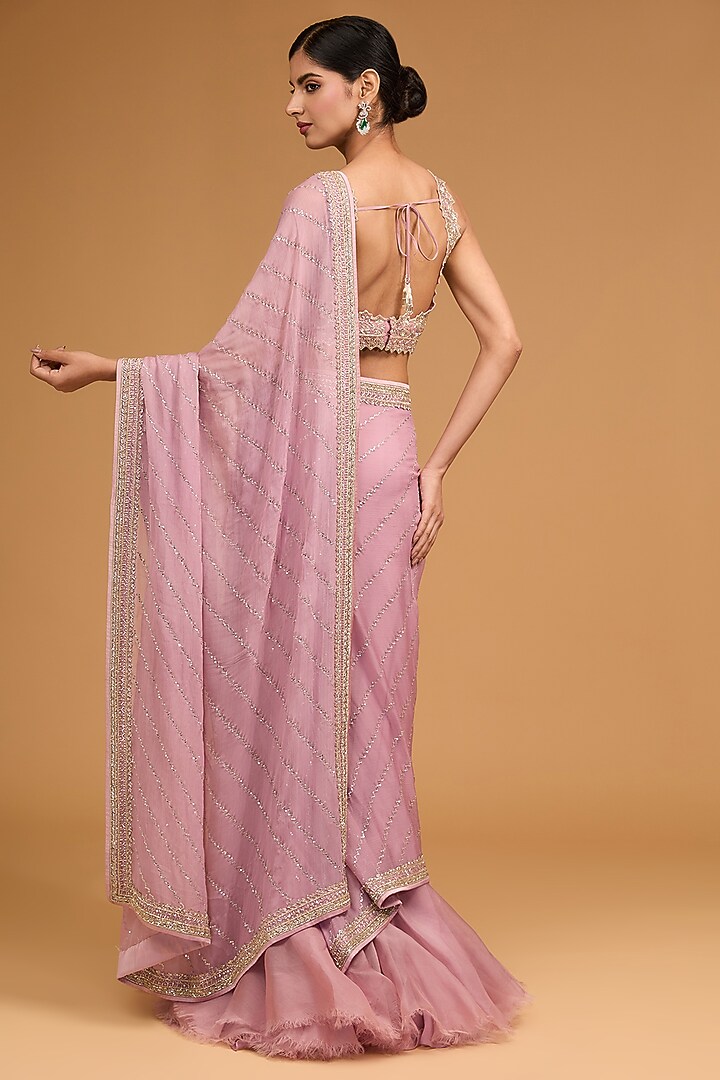 Onion Pink Chiffon Sequins Embroidered Ruffled Reception Saree Set by Anushree Reddy at Pernia's Pop Up Shop