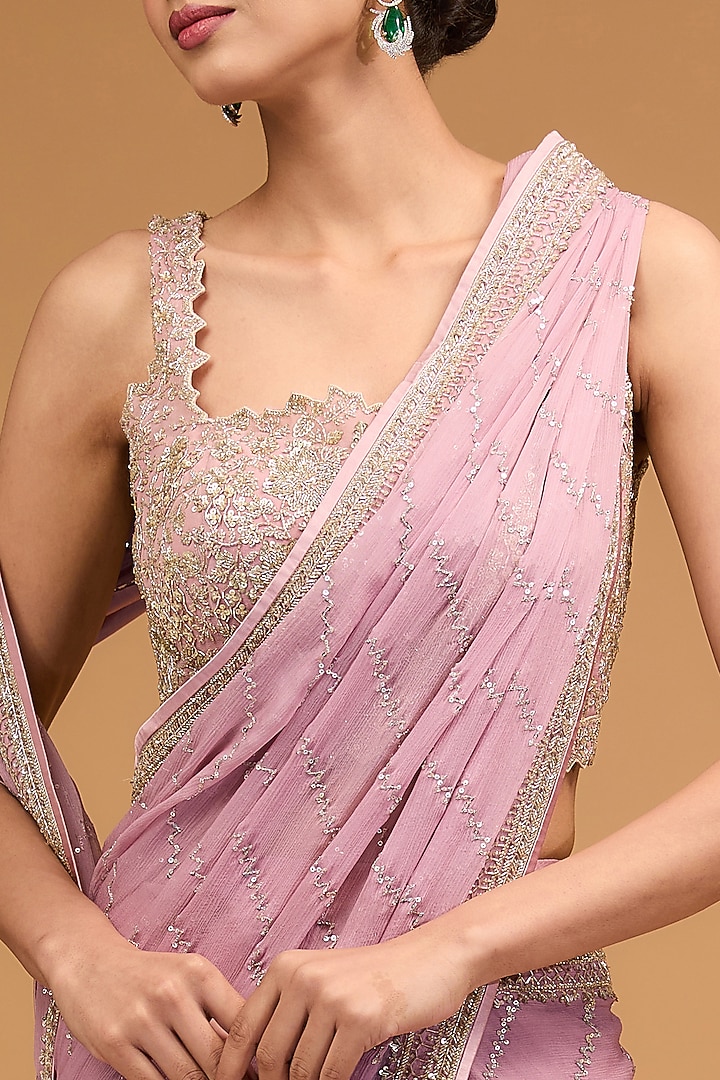 Onion Pink Chiffon Sequins Embroidered Ruffled Reception Saree Set by Anushree Reddy at Pernia's Pop Up Shop