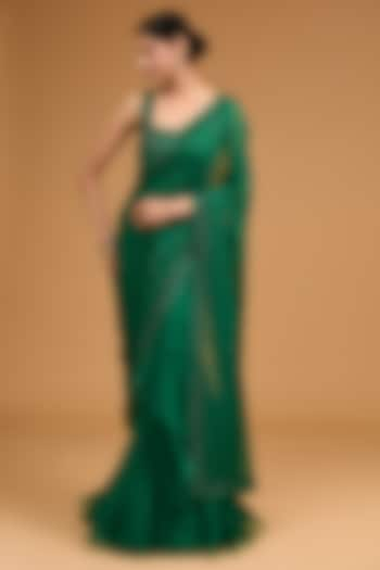 Emerald Green Chiffon Sequins Embroidered Ruffled Saree Set by Anushree Reddy at Pernia's Pop Up Shop