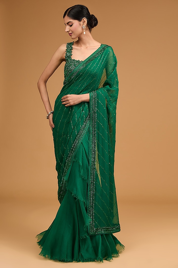 Emerald Green Chiffon Sequins Embroidered Ruffled Saree Set by Anushree Reddy at Pernia's Pop Up Shop