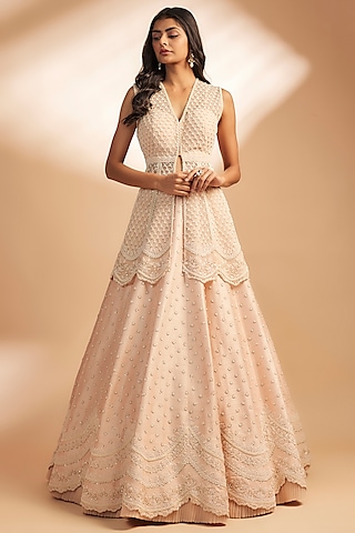 Powder Pink Net Pearl Embroidered Jacket Lehenga by Anushree Reddy