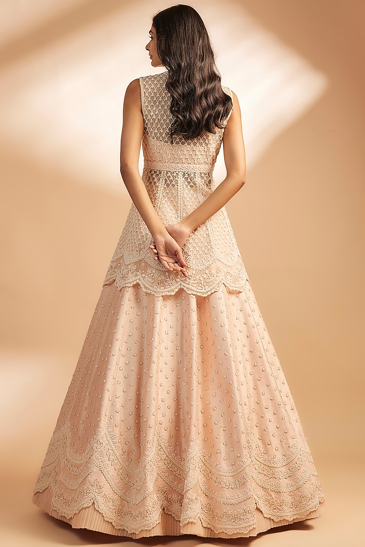 Powder Pink Net Pearl Embroidered Jacket Bridal Lehenga by Anushree Reddy at Pernia's Pop Up Shop