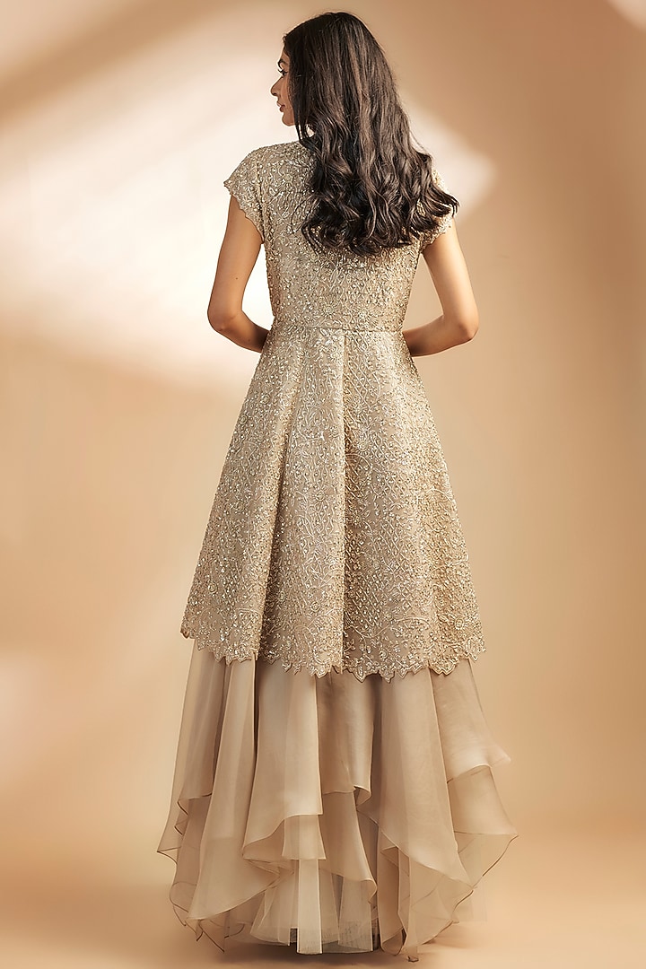 Ivory Organza Cutwork Embroidered Jacket Bridal Lehenga by Anushree Reddy at Pernia's Pop Up Shop