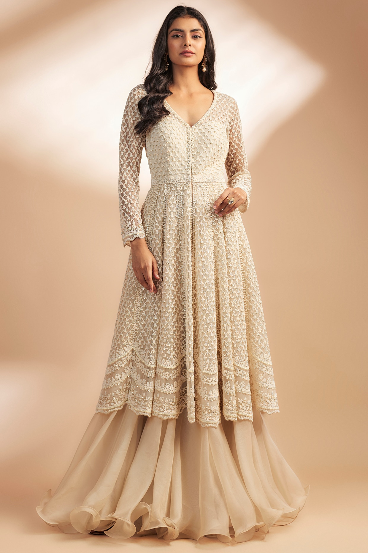 Ivory Net Pearl Embroidered Jacket Bridal Lehenga by Anushree