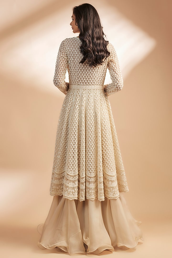 Ivory Net Pearl Embroidered Jacket Bridal Lehenga by Anushree Reddy at Pernia's Pop Up Shop