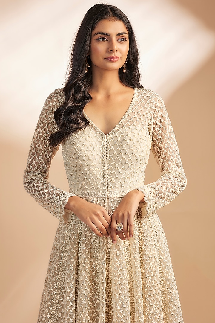 Ivory Net Pearl Embroidered Jacket Bridal Lehenga by Anushree Reddy at Pernia's Pop Up Shop