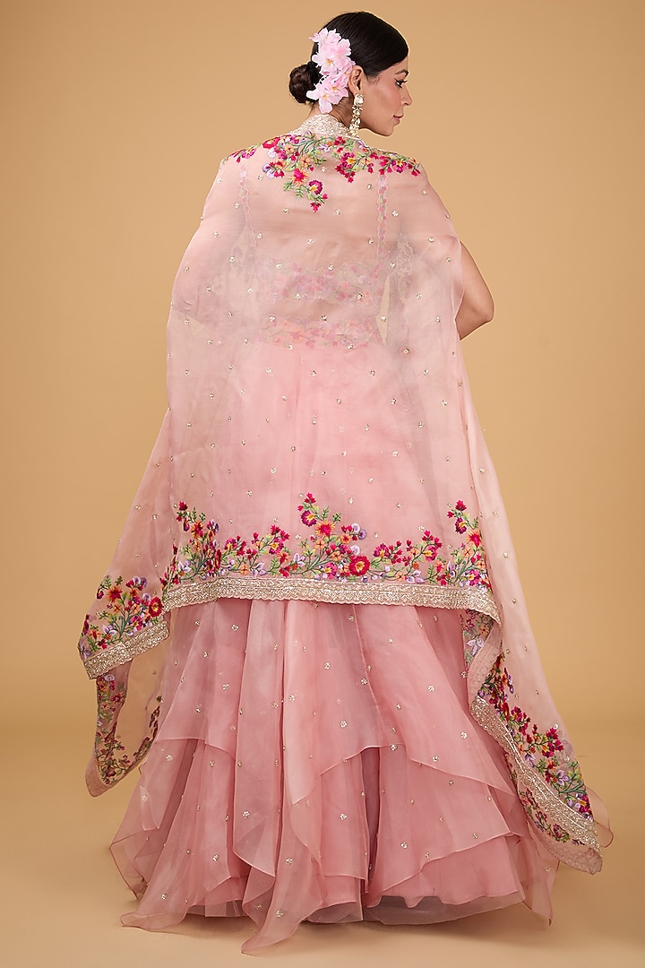 Light Peach Organza Thread & Zardosi Embroidered Cape Set by Anushree Reddy at Pernia's Pop Up Shop