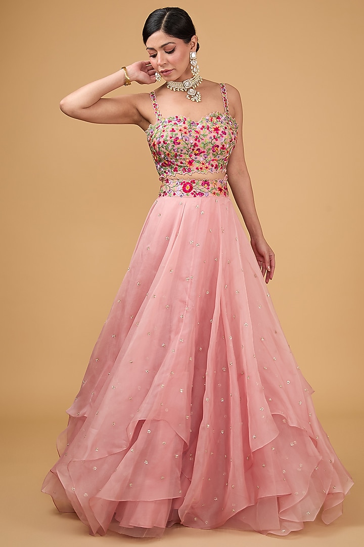 Light Peach Organza Thread & Zardosi Embroidered Cape Set by Anushree Reddy at Pernia's Pop Up Shop