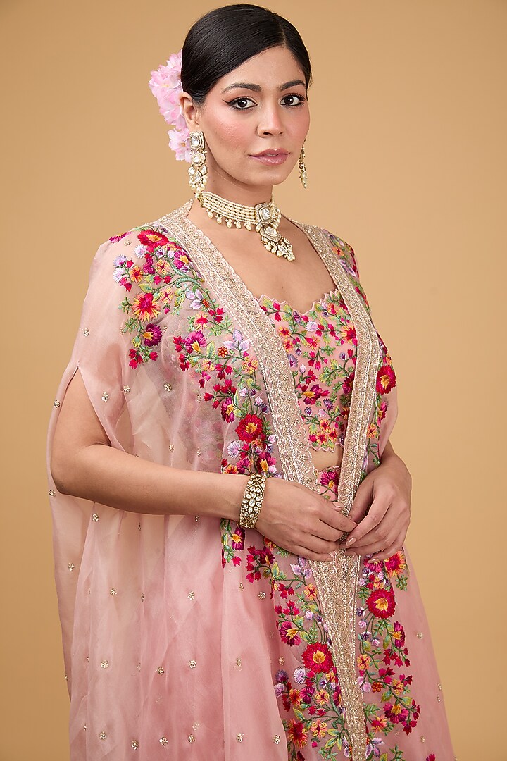 Light Peach Organza Thread & Zardosi Embroidered Cape Set by Anushree Reddy at Pernia's Pop Up Shop