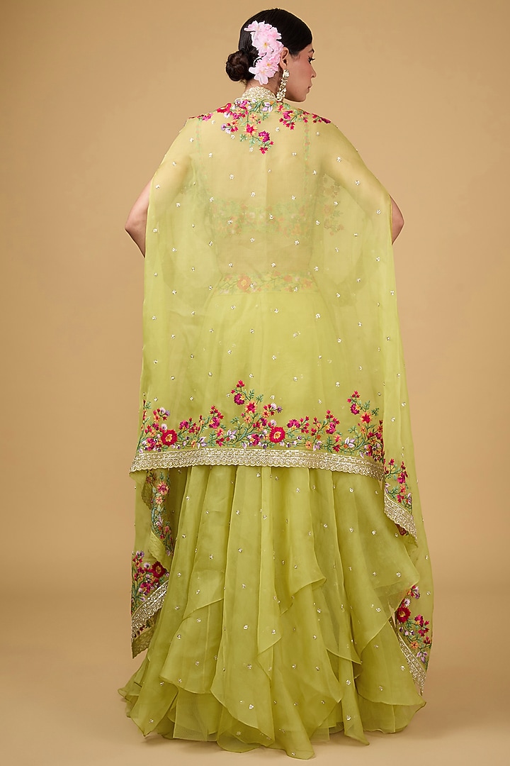 Greenish Yellow Organza Thread & Zardosi Embroidered Cape Set by Anushree Reddy at Pernia's Pop Up Shop