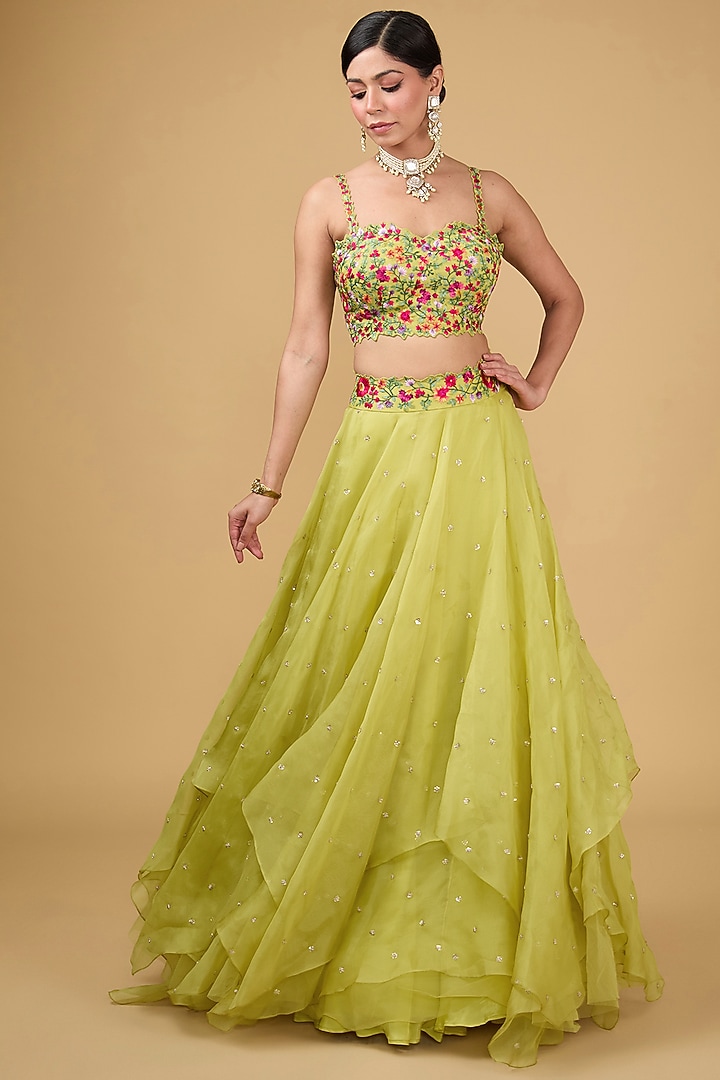 Greenish Yellow Organza Thread & Zardosi Embroidered Cape Set by Anushree Reddy at Pernia's Pop Up Shop