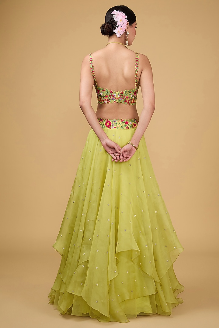 Greenish Yellow Organza Thread & Zardosi Embroidered Cape Set by Anushree Reddy at Pernia's Pop Up Shop