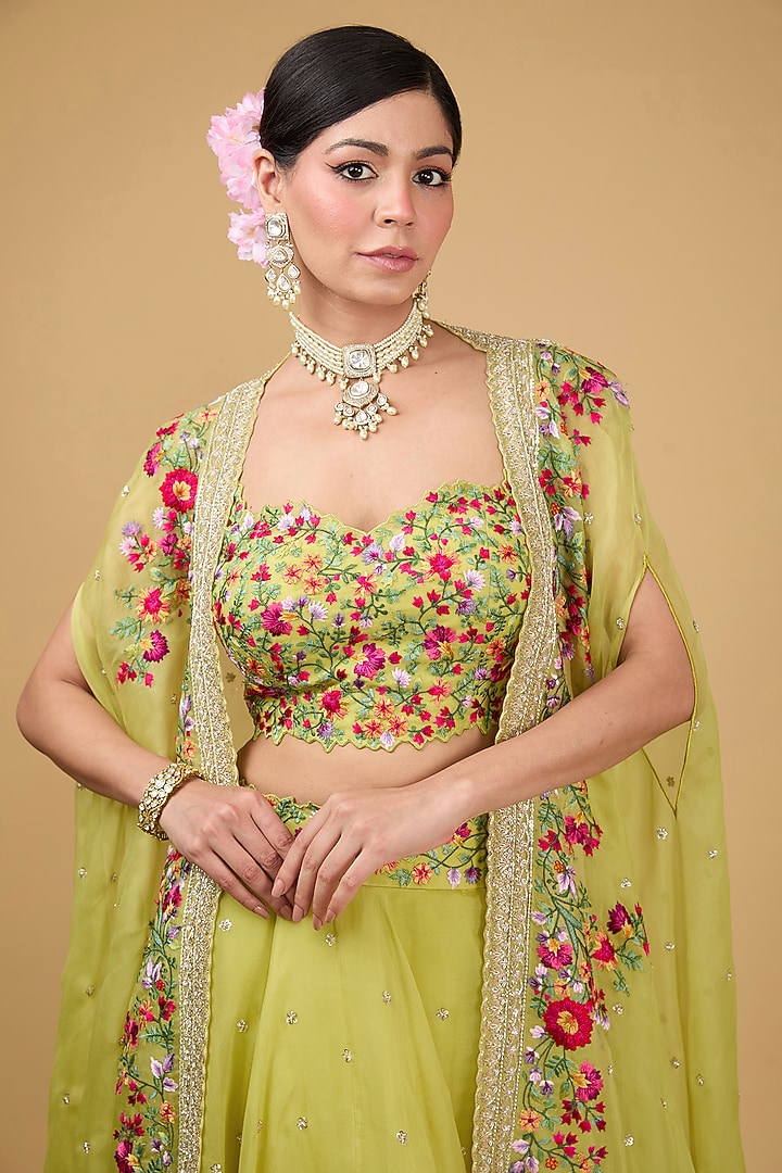 Greenish Yellow Organza Thread & Zardosi Embroidered Cape Set by Anushree Reddy at Pernia's Pop Up Shop