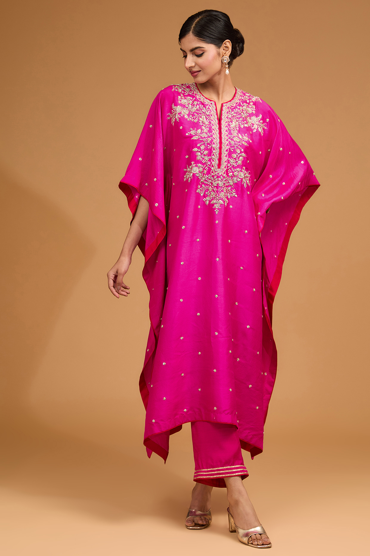 Rani Pink Dupion Silk Zardosi Embroidered Kaftan Set by Anushree Reddy at Pernia's Pop Up Shop