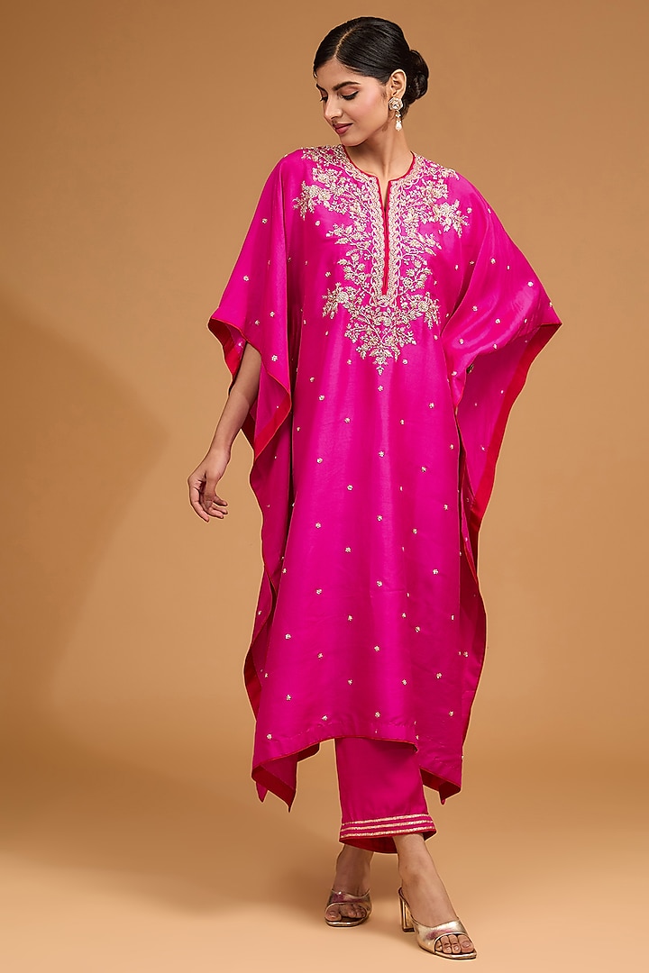 Rani Pink Dupion Silk Zardosi Embroidered Kaftan Set by Anushree Reddy at Pernia's Pop Up Shop