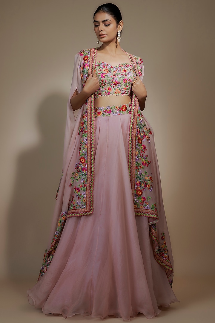 Pink Organza Thread Embroidered Skirt Set by Anushree Reddy at Pernia's Pop Up Shop