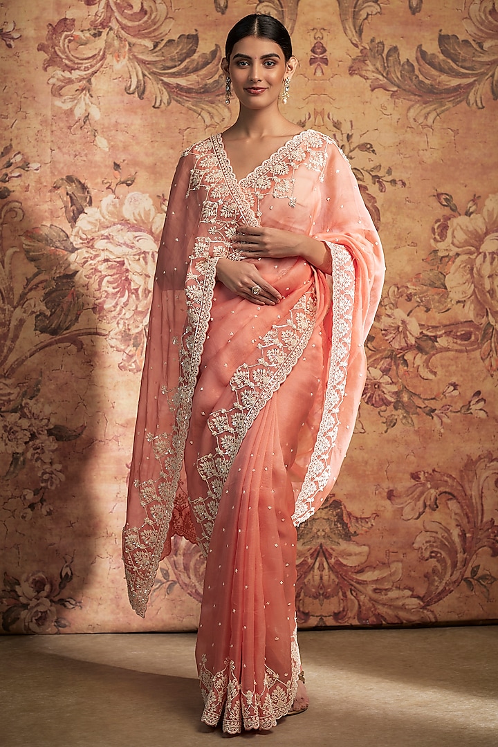 Coral Organza Pearl Embroidered Saree Set by Anushree Reddy