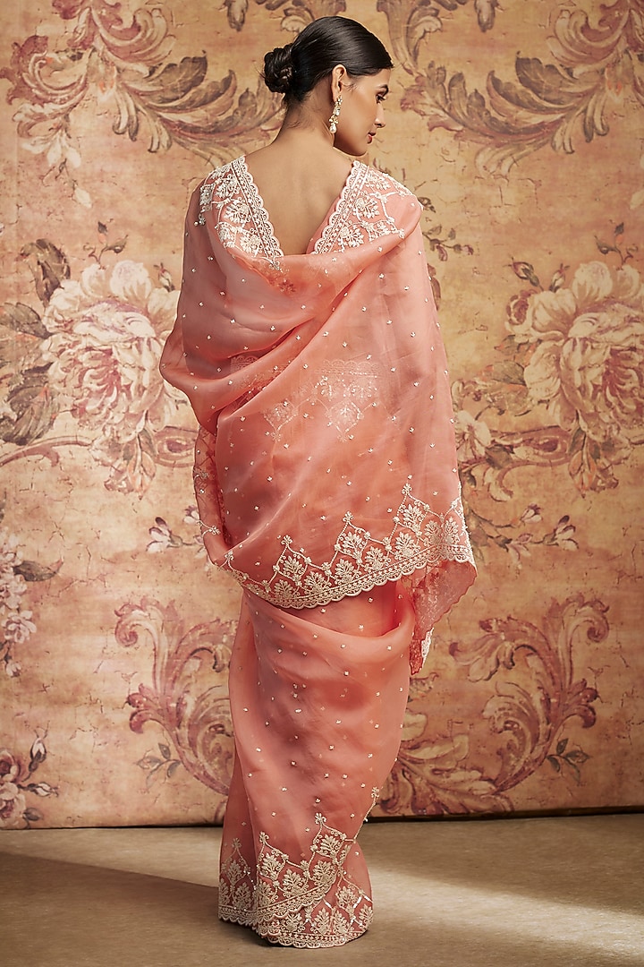 Coral Organza Pearl Embroidered Reception Saree Set by Anushree Reddy at Pernia's Pop Up Shop