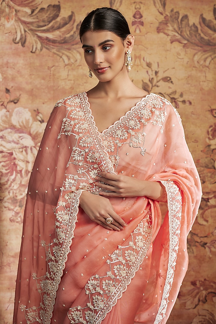 Coral Organza Pearl Embroidered Reception Saree Set by Anushree Reddy at Pernia's Pop Up Shop