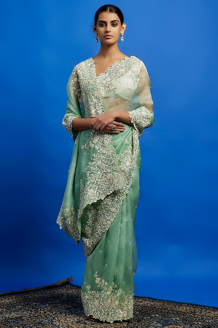 Sea Blue Organza Sequins Hand Embroidered Saree Set by Anushree Reddy