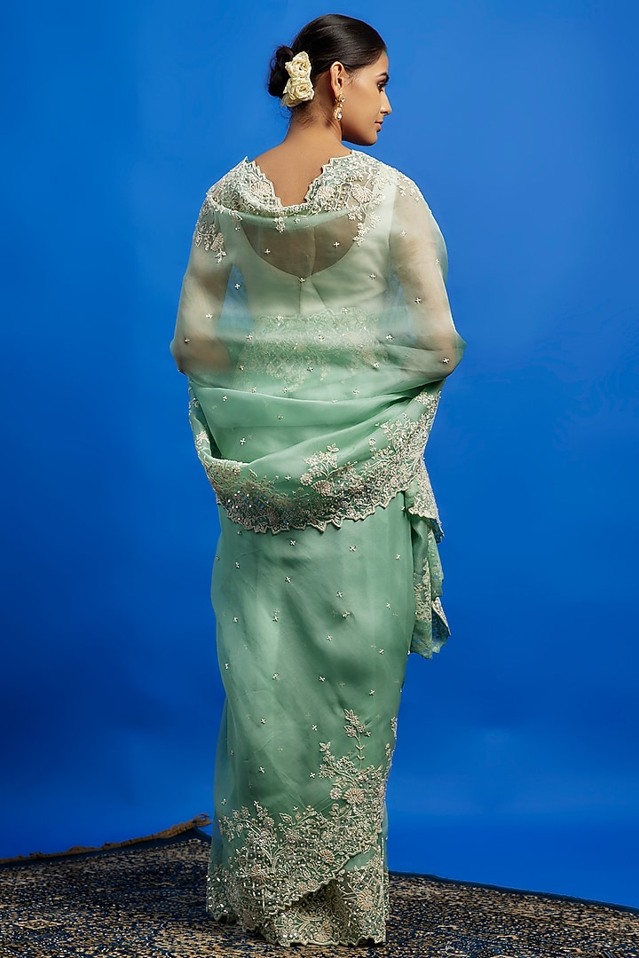 Sea Blue Organza Sequins Hand Embroidered Reception Saree Set by Anushree Reddy at Pernia's Pop Up Shop