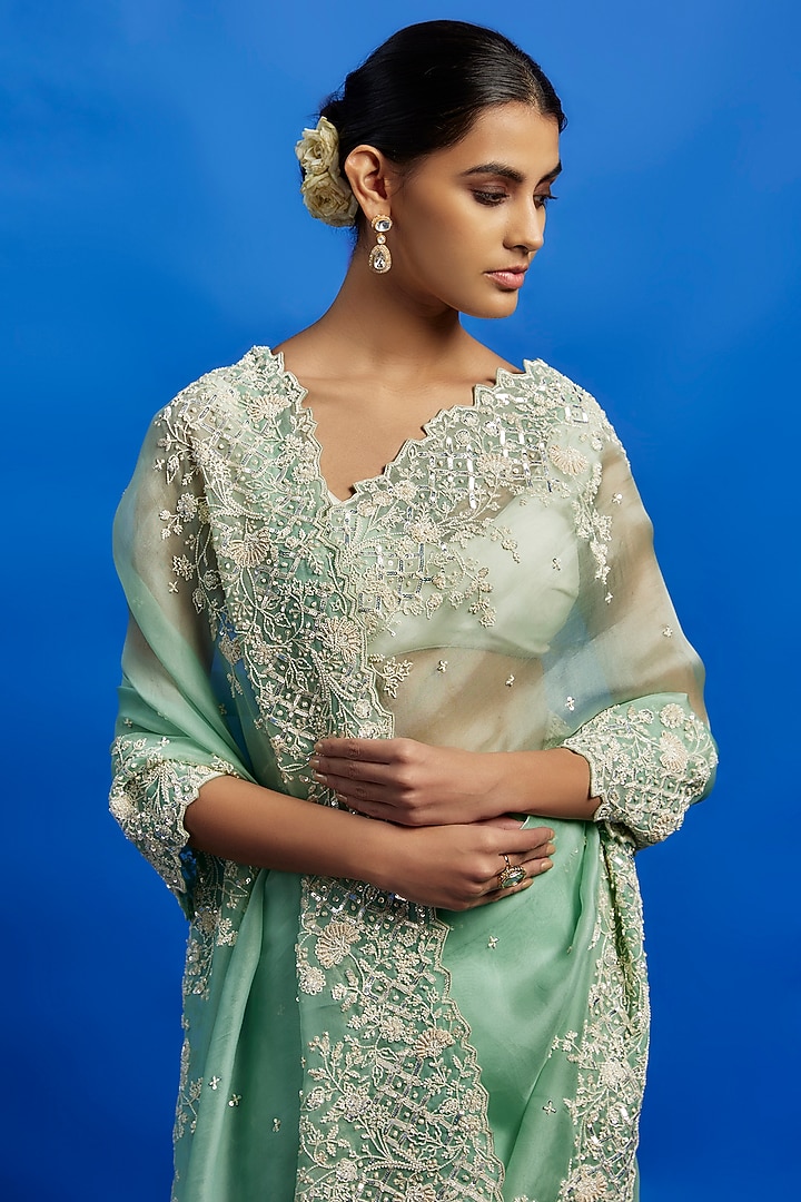 Sea Blue Organza Sequins Hand Embroidered Reception Saree Set by Anushree Reddy at Pernia's Pop Up Shop