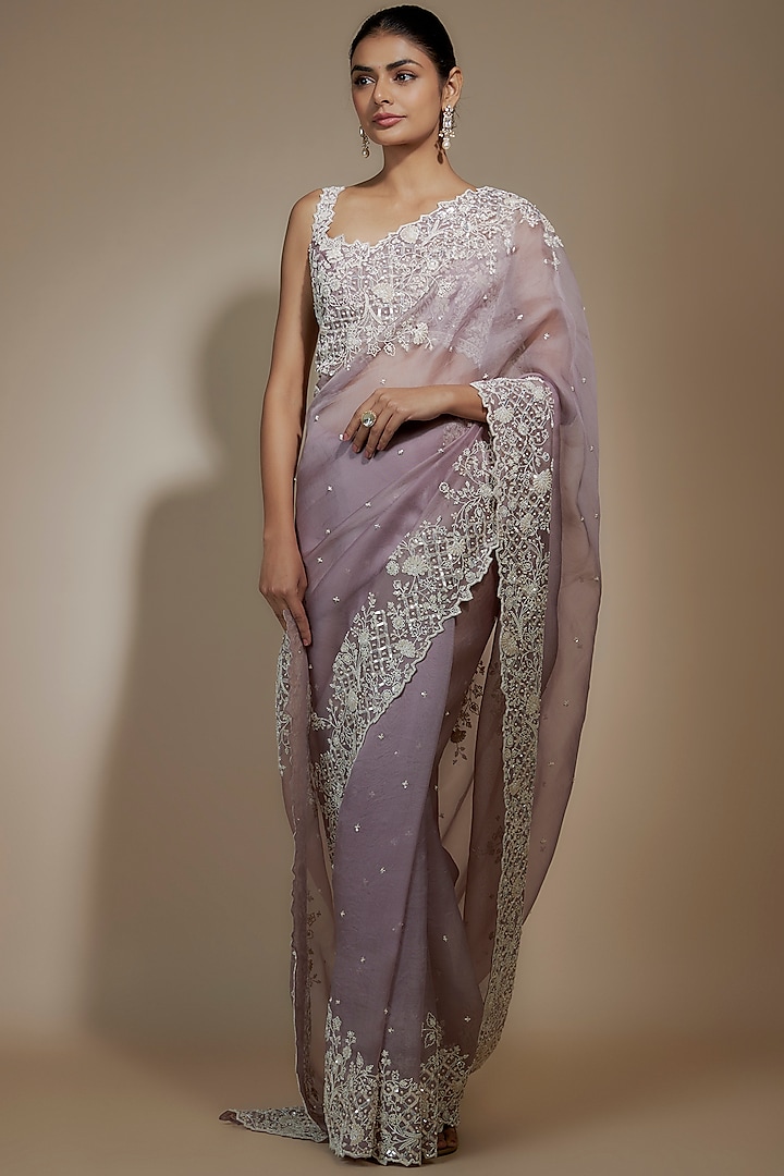 Lilac Organza Hand Embroidered Reception Saree Set by Anushree Reddy at Pernia's Pop Up Shop